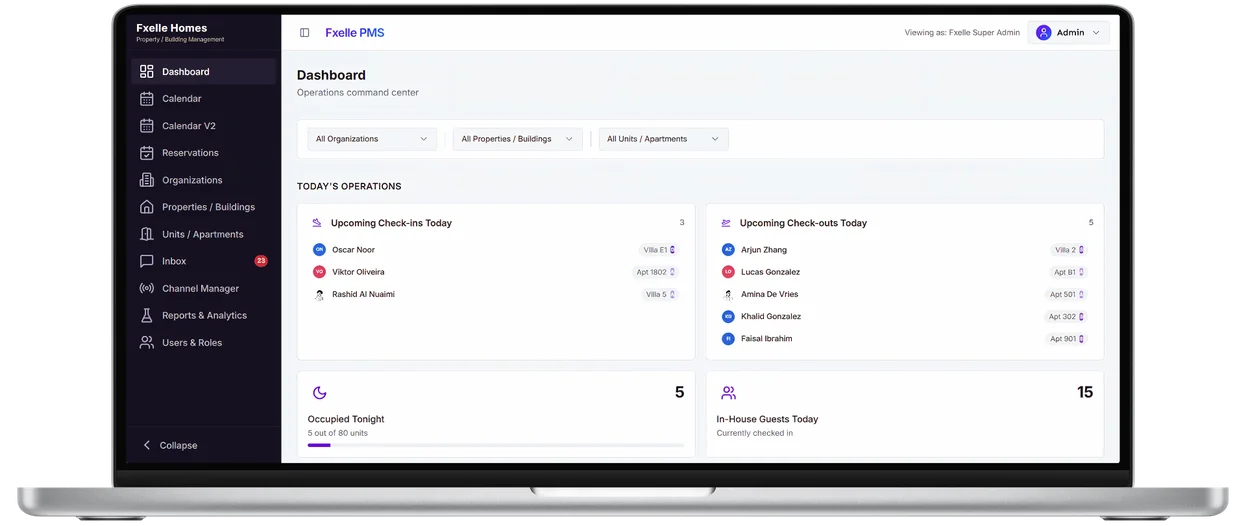 Fxelle Homes property management dashboard